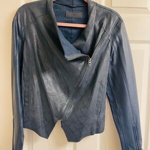 Blank NYC Navy Blue Faux Leather Asymmetrical Zip Jacket